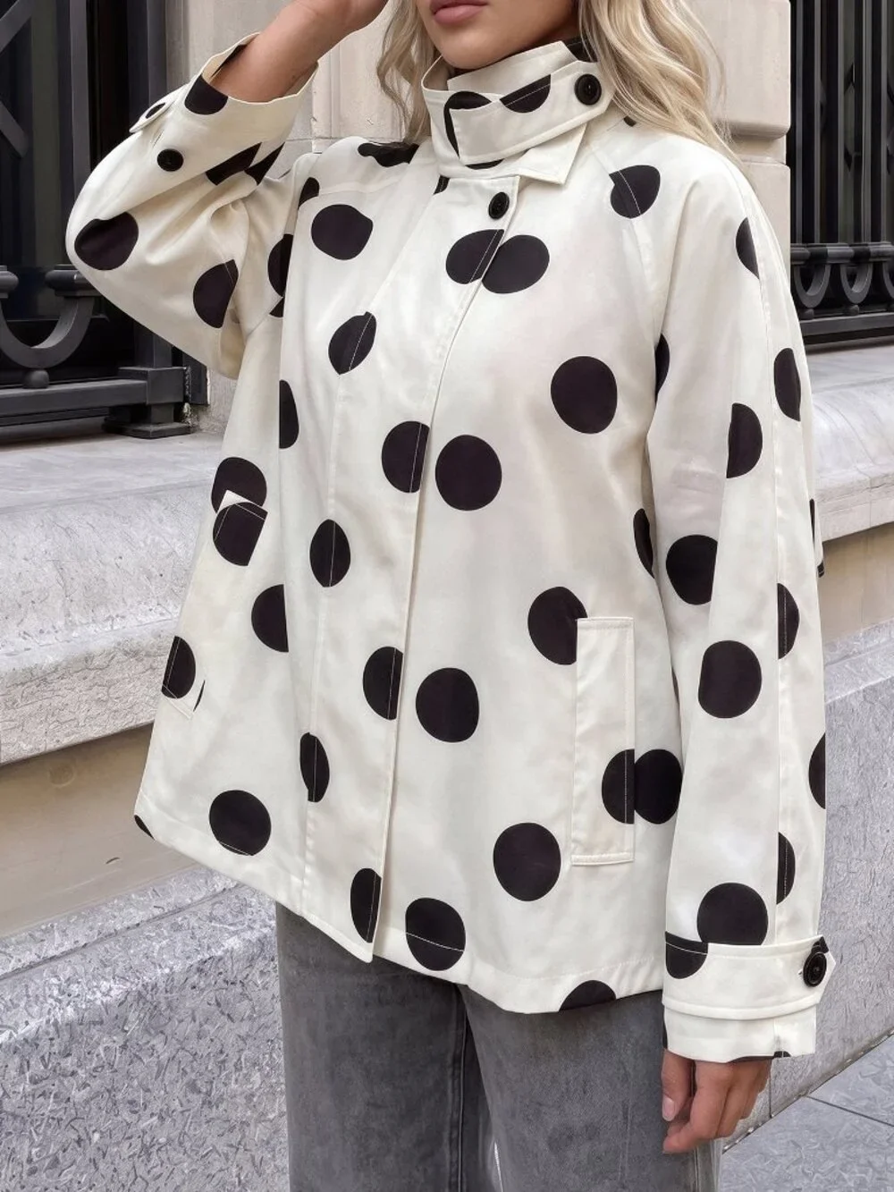 Black And White Casual Women's Polka Dot Print Raglan Long Sleeve Jacket